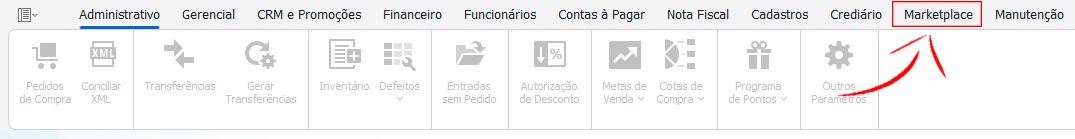 Barra de menus do NetVarejo com a aba Marketplace destacada