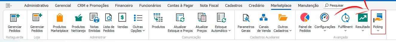Faixa da aba Marketplace com o botão Picking destacado, no grupo Avançado à direita