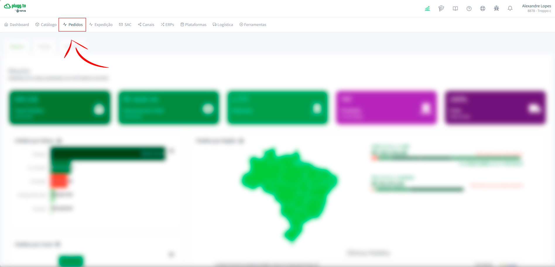 Menu Pedidos na Plugg