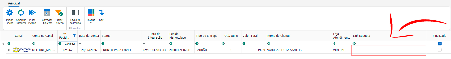 Tela Pedidos para Picking com um pedido do Mercado Livre filtrado e a coluna Link Etiqueta vazia, destacada em vermelho