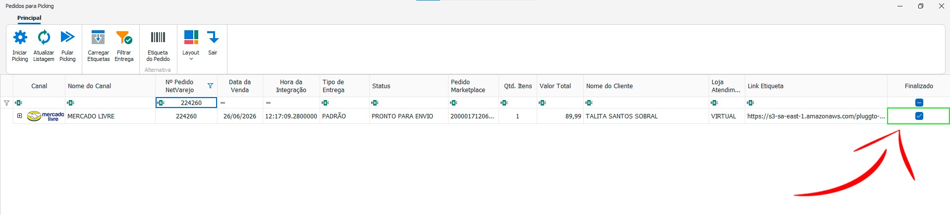 Tela Pedidos para Picking com o pedido bipado mostrando a caixinha Finalizado marcada