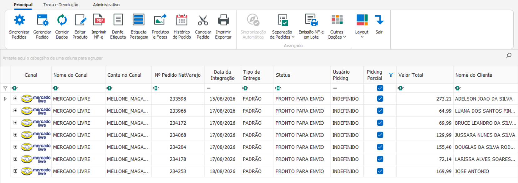 Tela do NetVarejo com filtro de Picking Parcial ativado
