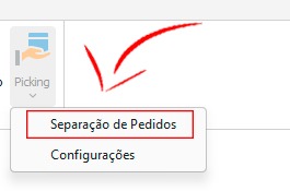 Menu do Picking aberto com as opções Separação de Pedidos e Configurações