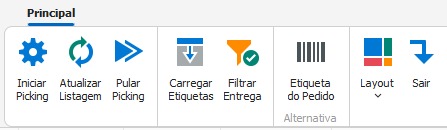 Barra de ferramentas da tela Pedidos para Picking com os botões Iniciar Picking, Atualizar Listagem, Pular Picking, Carregar Etiquetas, Filtrar Entrega, Etiqueta do Pedido, Layout e Sair